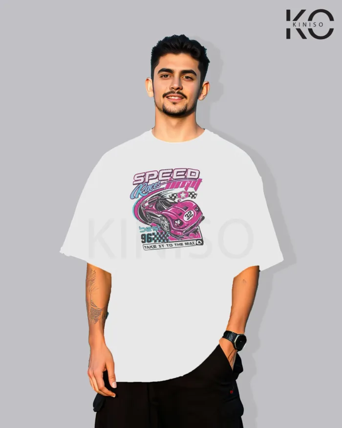 Image of White color drop shoulder t-shirt with Best Speed Race Print for men at reasonable price